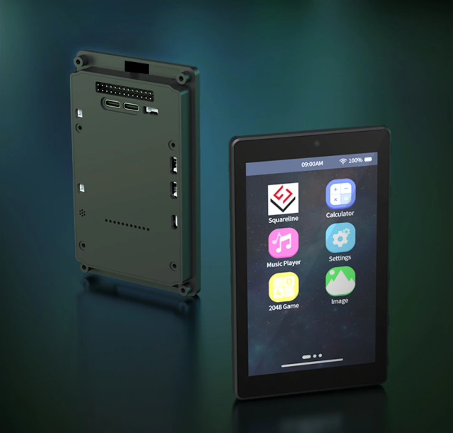 GUITION JC4880P443C ESP32-P4 touchscreen panel, shown front and back