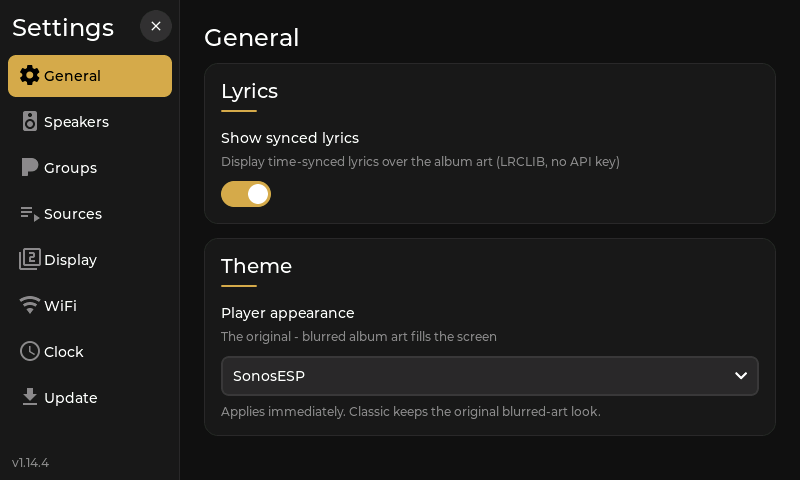SonosESP running on a GUITION ESP32-P4 touchscreen, showing album art and playback controls